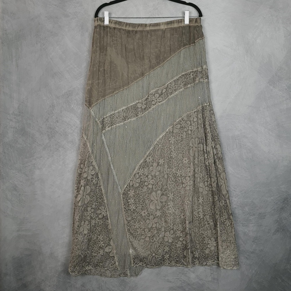 WhimsyFairy Maxi Skirt Womens 12 Brown Lace Long Mesh Sequin Flutter Peasant